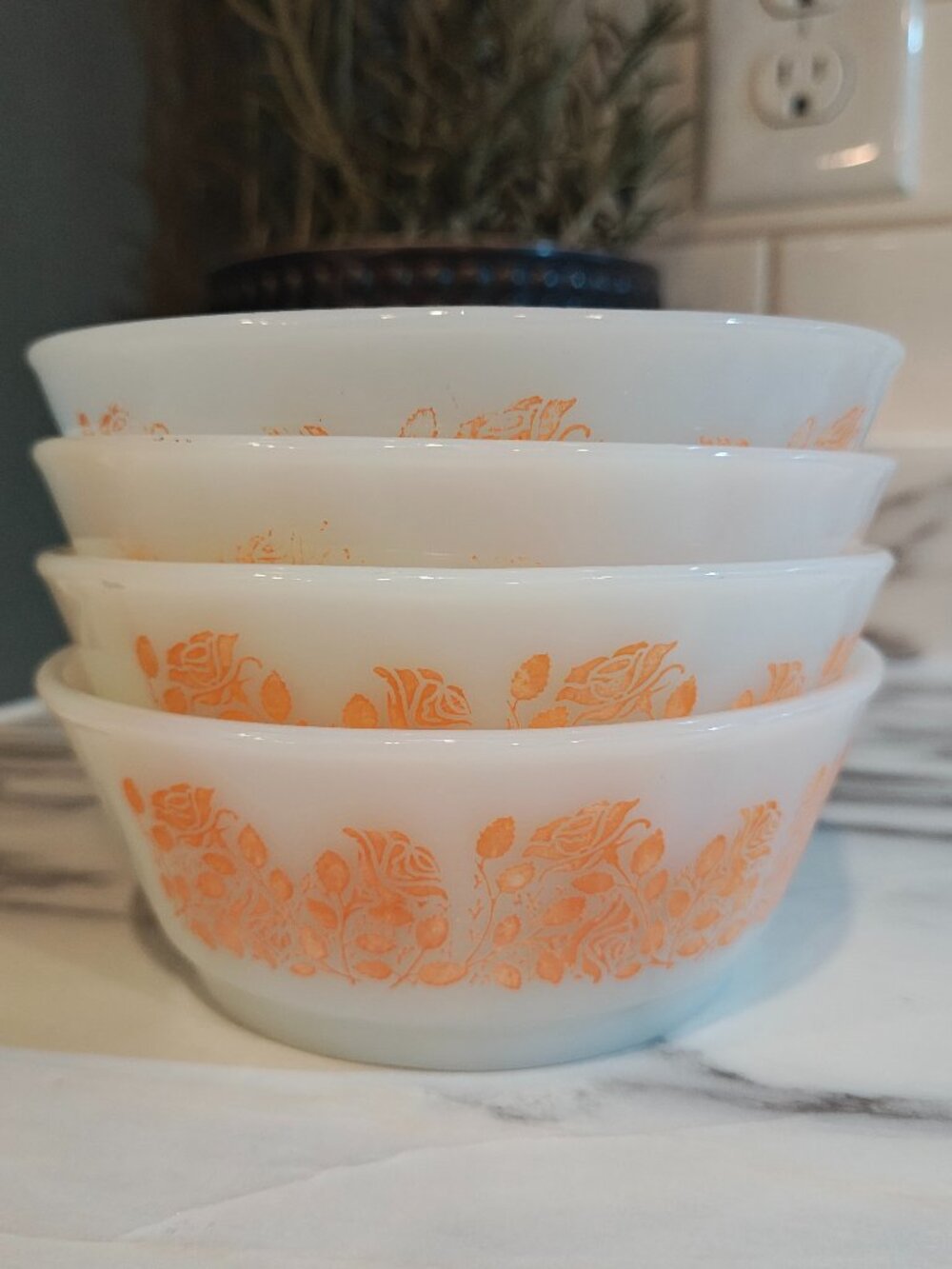 Vintage Fire-King Orange Floral Orange Rose Milk Glass Nesting Bowls Set of 4